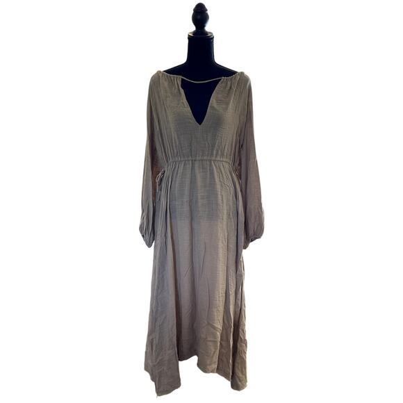 Zara Dresses & Skirts - ZARA Tan Viscose Cotton Blend Maxi V Neck Size Medium Puff Sleeves Tie Waist